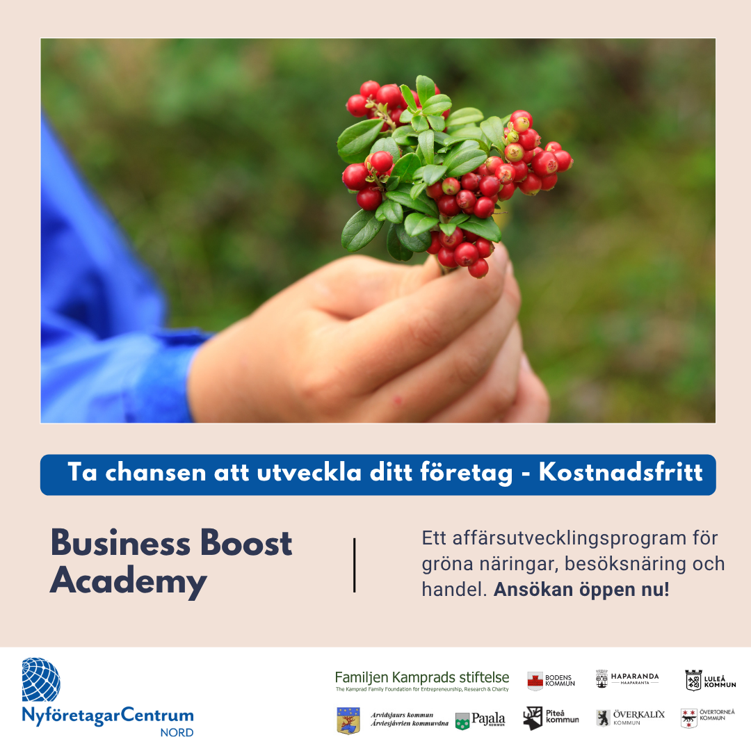 Affisch för Business Boost Academy – kostnadsfritt affärsutvecklingsprogram för gröna näringar, besöksnäring och handel. Ansökan öppen nu